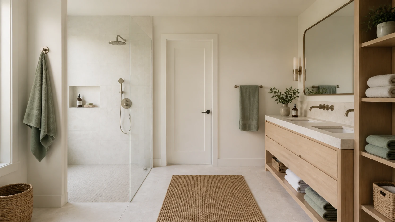 Illustrative bathroom concept with walk-in shower, oak vanity and clear circulation