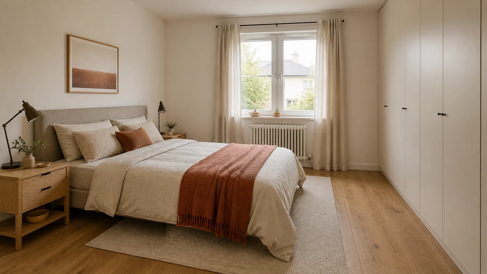 Illustrative bedroom concept with linen bedding, oak tables and clear access around the bed