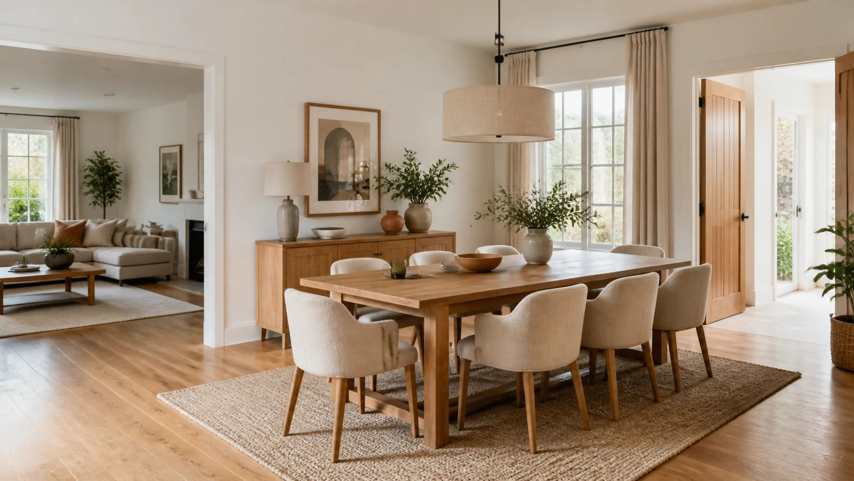 Illustrative dining room with six-seat oak table, pendant and clear passages