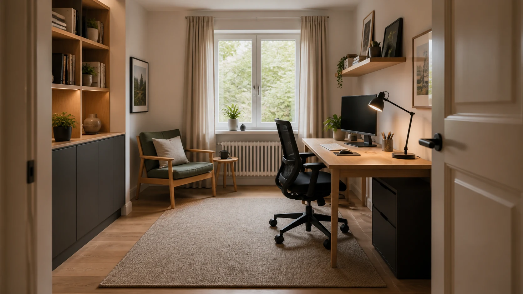 Illustrative home office with oak desk, closed storage and an unobstructed window